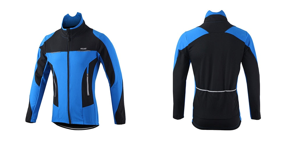 Men's winter thermal cycling jacket in black, featuring windproof and waterproof materials, reflective elements, and multiple pockets for convenience.