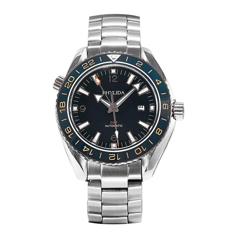 Men's Black 43.5mm GMT Dual-Time Automatic Watch with stainless steel case and ceramic bezel, featuring luminous hands and sapphire crystal.