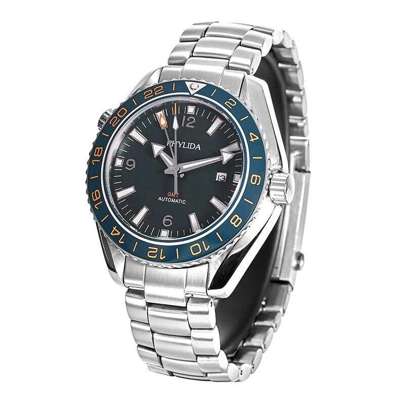 Men's Black 43.5mm GMT Dual-Time Automatic Watch with stainless steel case and ceramic bezel, featuring luminous hands and sapphire crystal.