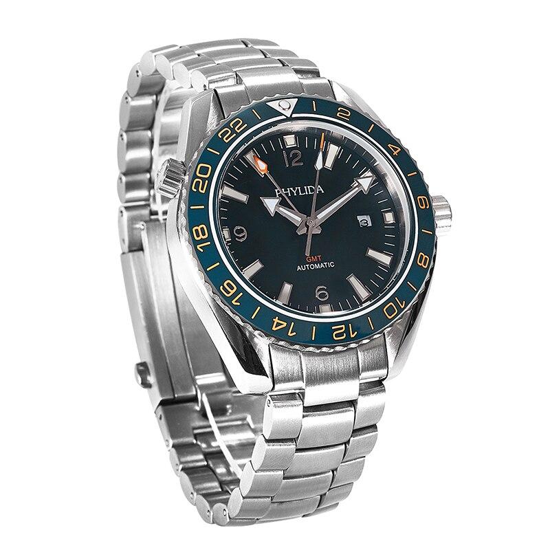 Men's Black 43.5mm GMT Dual-Time Automatic Watch with stainless steel case and ceramic bezel, featuring luminous hands and sapphire crystal.
