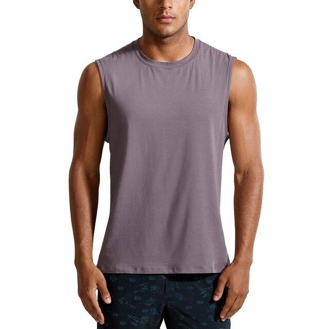 Men's lightweight Pima cotton workout tank top in a plain design, showcasing its sleeveless style and moisture-wicking fabric.