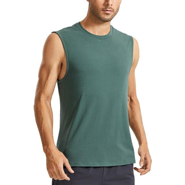 Men's lightweight Pima cotton workout tank top in a plain design, showcasing its sleeveless style and moisture-wicking fabric.