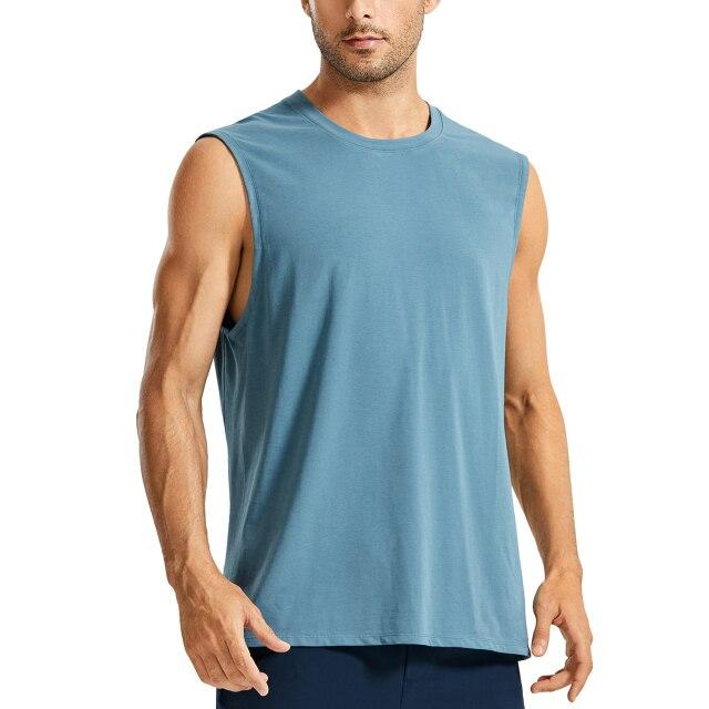 Men's lightweight Pima cotton workout tank top in a plain design, showcasing its sleeveless style and moisture-wicking fabric.