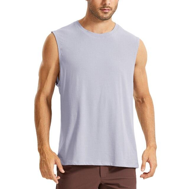 Men's lightweight Pima cotton workout tank top in a plain design, showcasing its sleeveless style and moisture-wicking fabric.