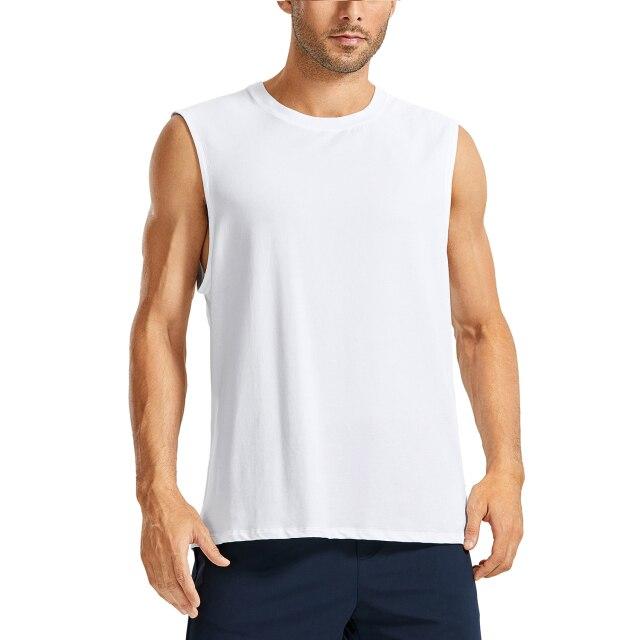 Men's lightweight Pima cotton workout tank top in a plain design, showcasing its sleeveless style and moisture-wicking fabric.