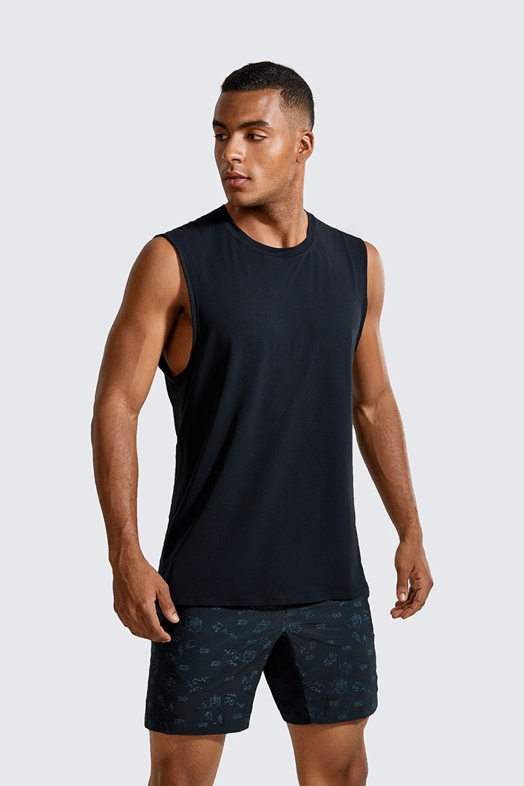 Men's lightweight Pima cotton workout tank top in a plain design, showcasing its sleeveless style and moisture-wicking fabric.