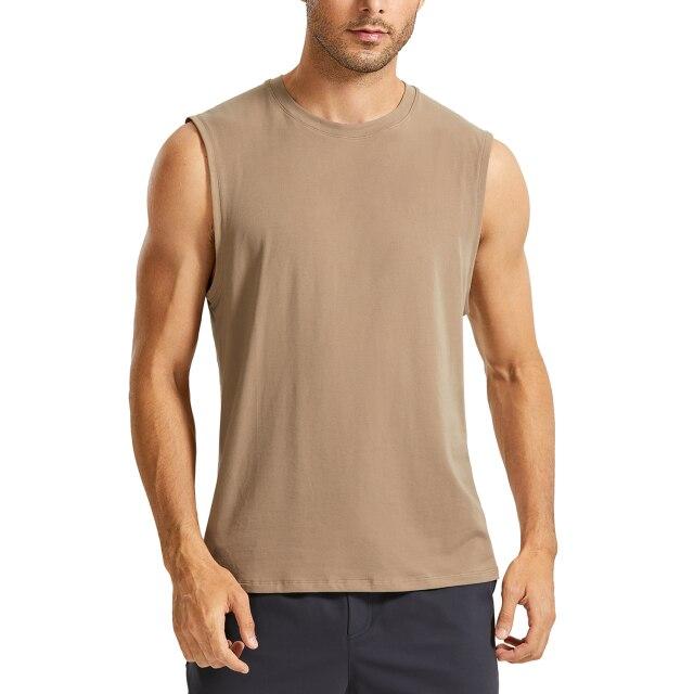 Men's lightweight Pima cotton workout tank top in a plain design, showcasing its sleeveless style and moisture-wicking fabric.
