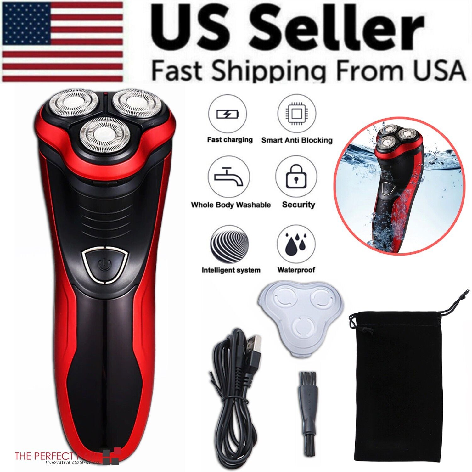 Men's Razor Rotary Waterproof Electric Shaver with pop-up trimmer, designed for wet and dry use, featuring a sleek red design.