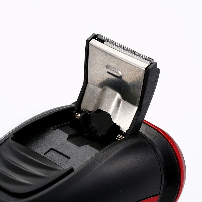 Men's Razor Rotary Waterproof Electric Shaver with pop-up trimmer, designed for wet and dry use, featuring a sleek red design.