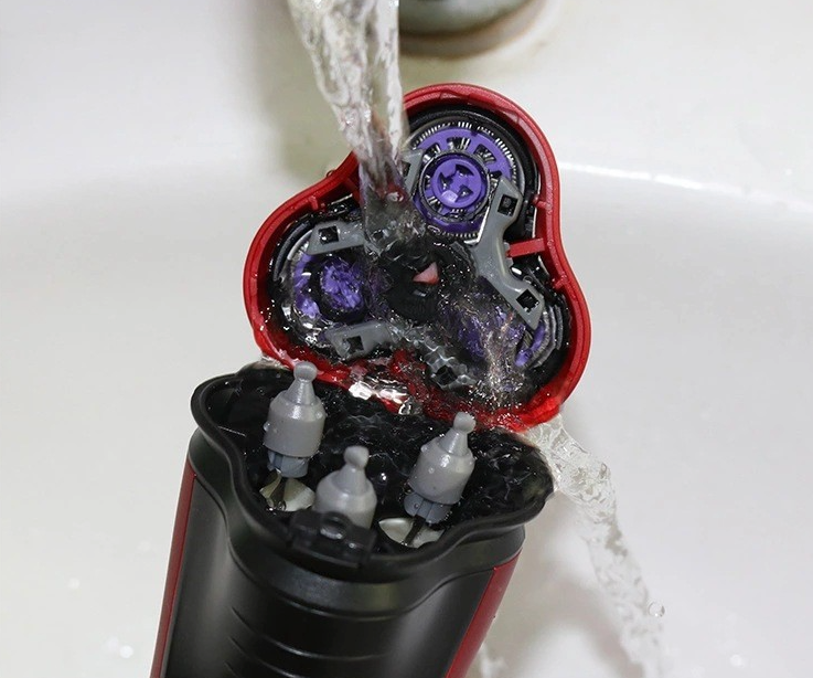 Men's Razor Rotary Waterproof Electric Shaver with pop-up trimmer, designed for wet and dry use, featuring a sleek red design.