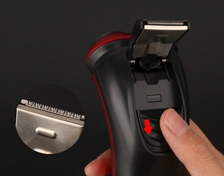 Men's Razor Rotary Waterproof Electric Shaver with pop-up trimmer, designed for wet and dry use, featuring a sleek red design.