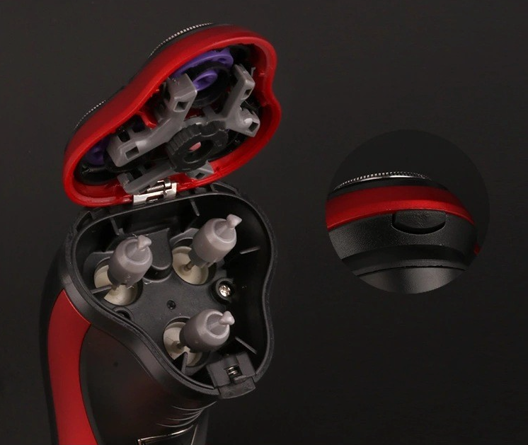 Men's Razor Rotary Waterproof Electric Shaver with pop-up trimmer, designed for wet and dry use, featuring a sleek red design.