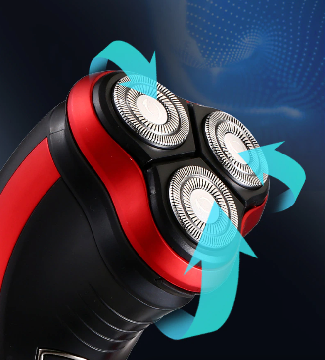 Men's Razor Rotary Waterproof Electric Shaver with pop-up trimmer, designed for wet and dry use, featuring a sleek red design.