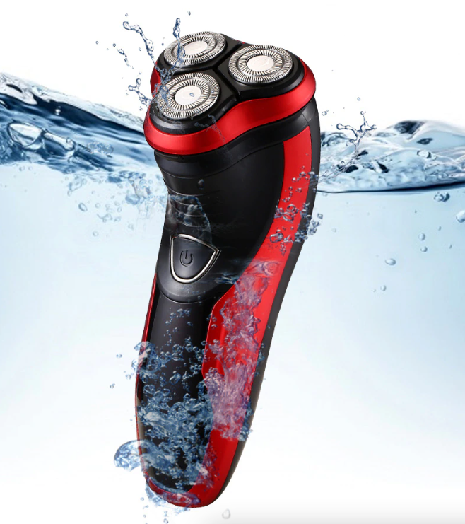Men's Razor Rotary Waterproof Electric Shaver with pop-up trimmer, designed for wet and dry use, featuring a sleek red design.