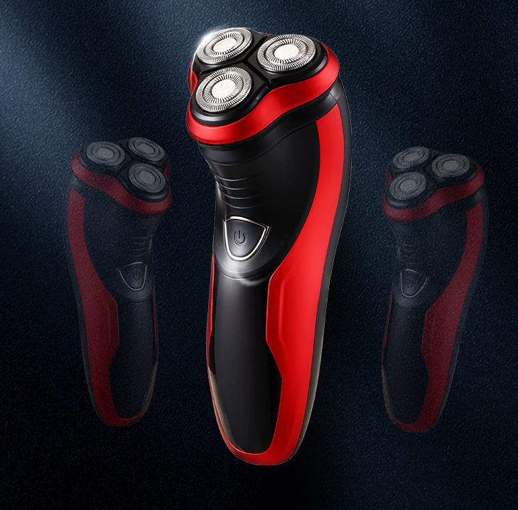 Men's Razor Rotary Waterproof Electric Shaver with pop-up trimmer, designed for wet and dry use, featuring a sleek red design.