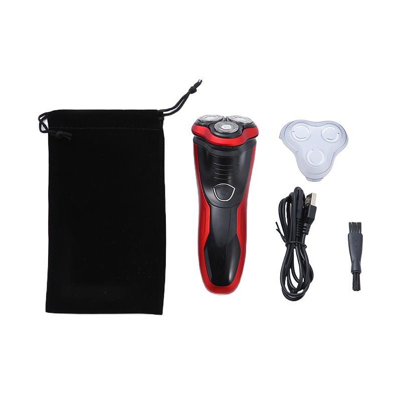 Men's Razor Rotary Waterproof Electric Shaver with pop-up trimmer, designed for wet and dry use, featuring a sleek red design.