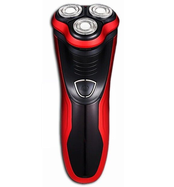 Men's Razor Rotary Waterproof Electric Shaver with pop-up trimmer, designed for wet and dry use, featuring a sleek red design.