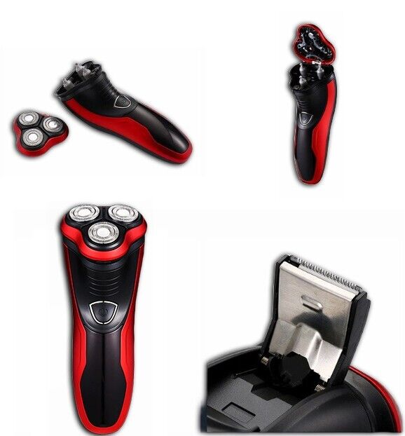 Men's Razor Rotary Waterproof Electric Shaver with pop-up trimmer, designed for wet and dry use, featuring a sleek red design.