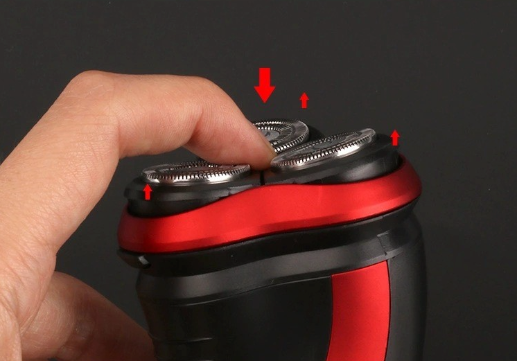 Men's Razor Rotary Waterproof Electric Shaver with pop-up trimmer, designed for wet and dry use, featuring a sleek red design.