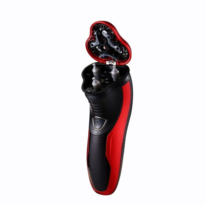 Men's Razor Rotary Waterproof Electric Shaver with pop-up trimmer, designed for wet and dry use, featuring a sleek red design.