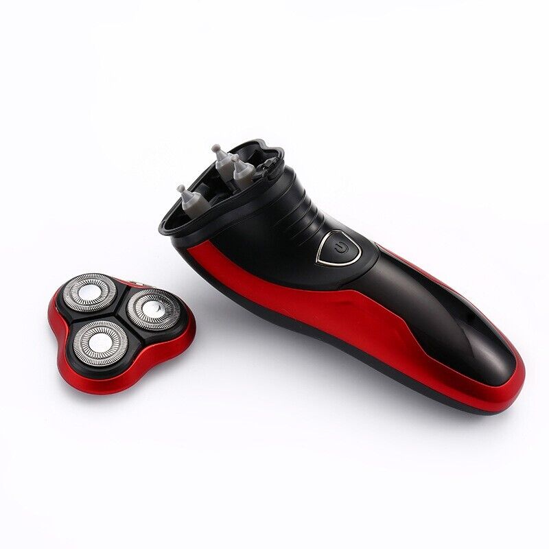 Men's Razor Rotary Waterproof Electric Shaver with pop-up trimmer, designed for wet and dry use, featuring a sleek red design.