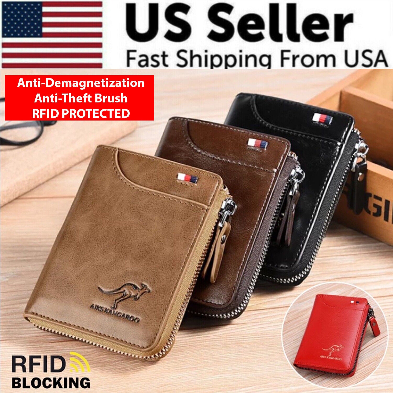 Mens RFID Blocking Leather Wallet in black with zipper closure, showcasing multiple card slots and a stylish design.