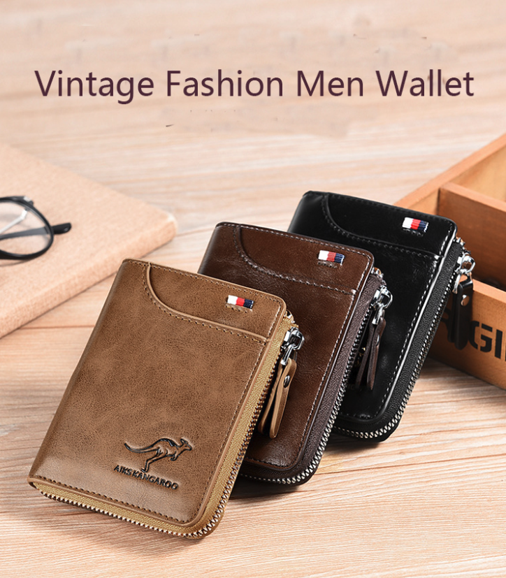 Mens RFID Blocking Leather Wallet in black with zipper closure, showcasing multiple card slots and a stylish design.