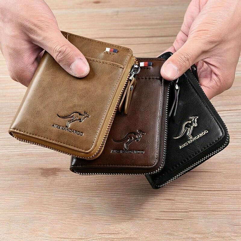 Mens RFID Blocking Leather Wallet in black with zipper closure, showcasing multiple card slots and a stylish design.