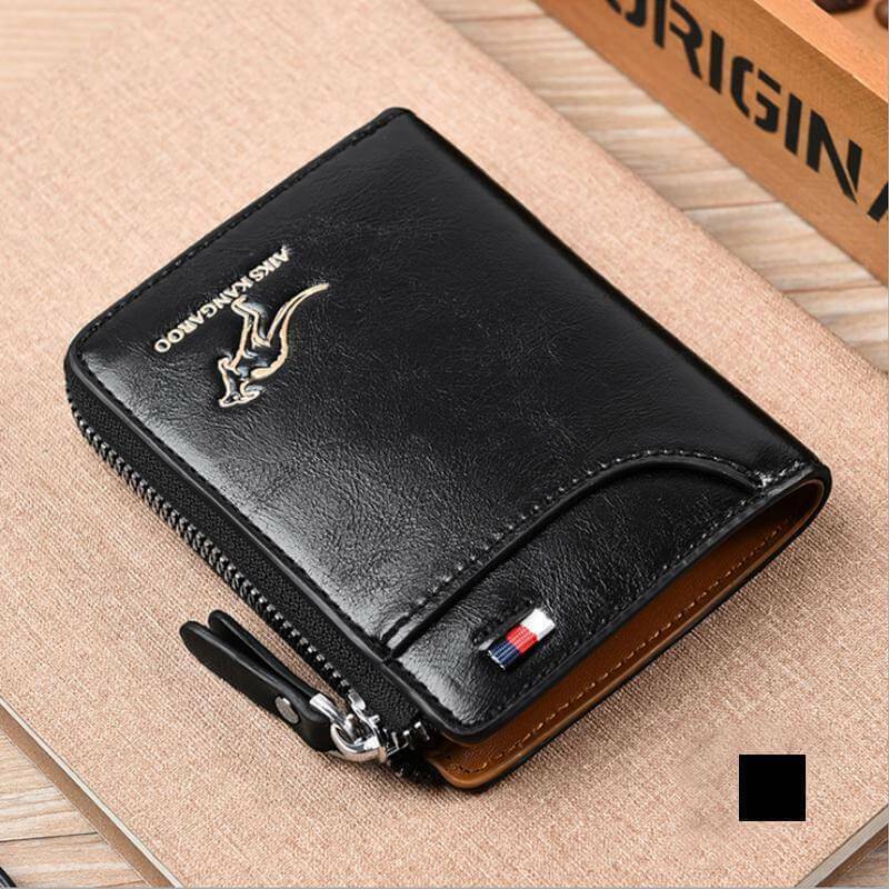 Mens RFID Blocking Leather Wallet in black with zipper closure, showcasing multiple card slots and a stylish design.