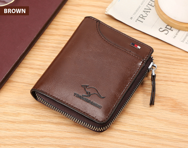 Mens RFID Blocking Leather Wallet in black with zipper closure, showcasing multiple card slots and a stylish design.