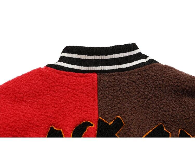 Men's winter jacket featuring color block patchwork and embroidery, designed for warmth and style.