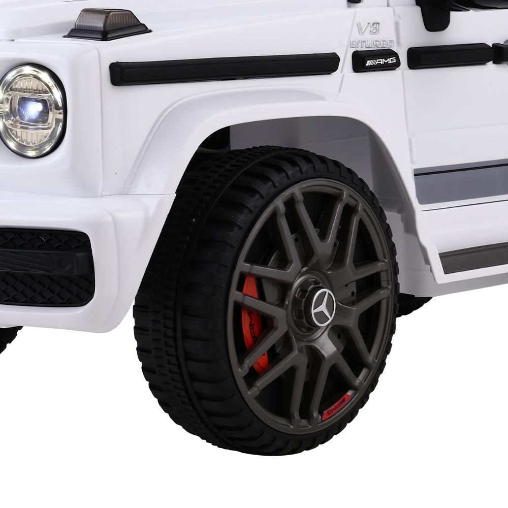 Mercedes-Benz Kids Ride On Car Electric AMG G63 in white color, featuring realistic design, headlights, and remote control.