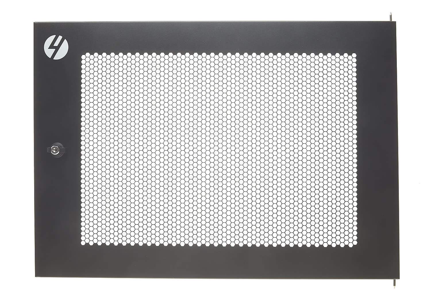 Mesh front door designed for 4RU wall mount server racks, featuring hexagonal perforations for enhanced ventilation.