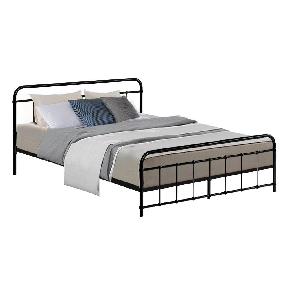 Leo Black Metal Bed Frame, queen size platform foundation with a sturdy steel construction and elegant country-style design.