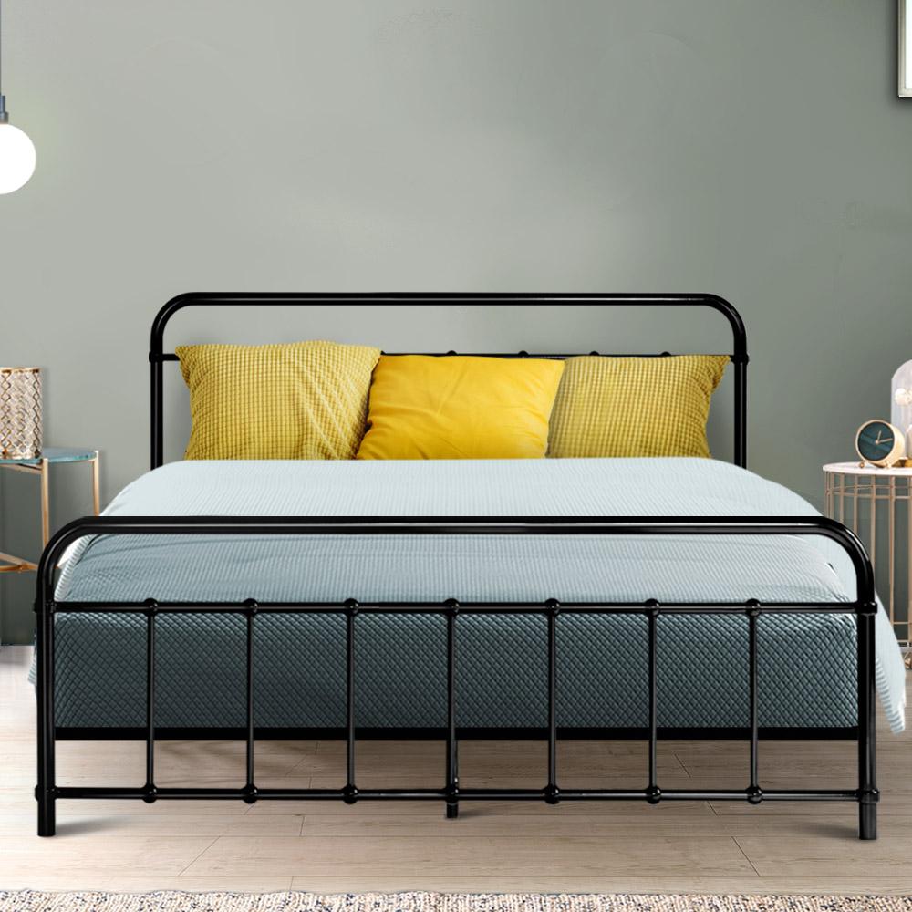 Leo Black Metal Bed Frame, queen size platform foundation with a sturdy steel construction and elegant country-style design.