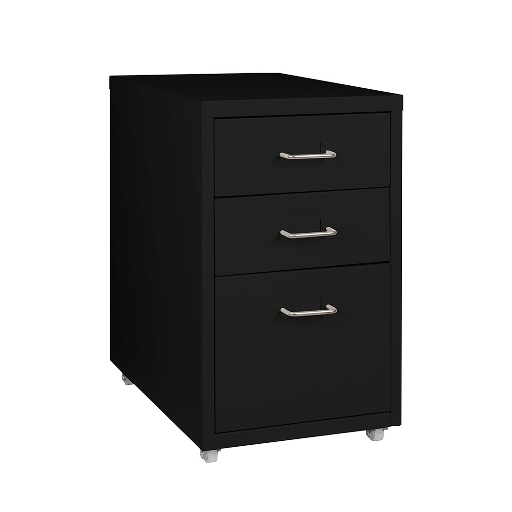 Metal Cabinet Storage with 3 tiers, black steel construction, and 360° wheels for easy mobility, perfect for office organization.