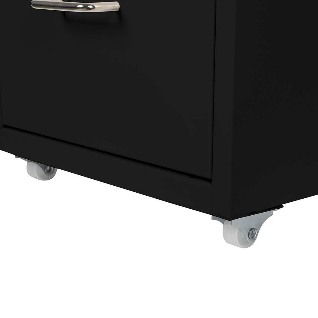 Metal Cabinet Storage with 3 tiers, black steel construction, and 360° wheels for easy mobility, perfect for office organization.