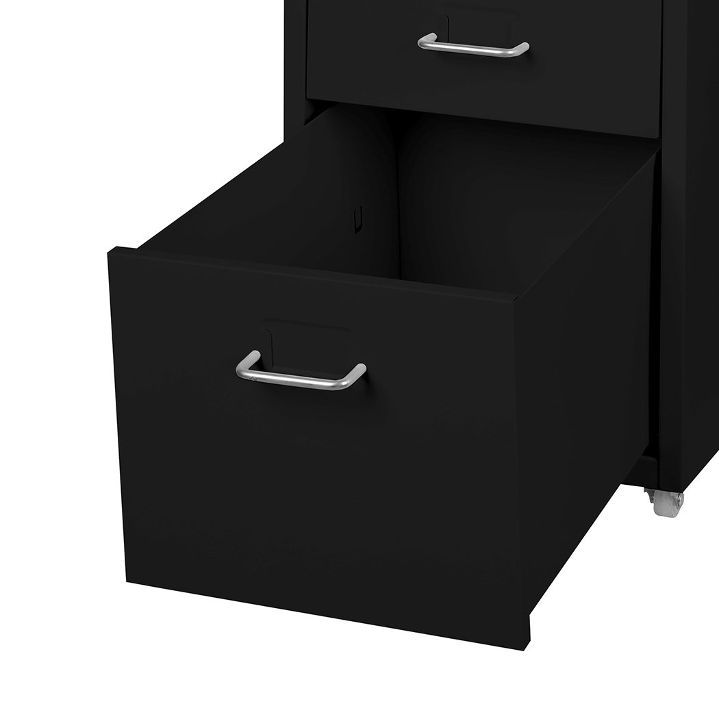 Metal Cabinet Storage with 3 tiers, black steel construction, and 360° wheels for easy mobility, perfect for office organization.