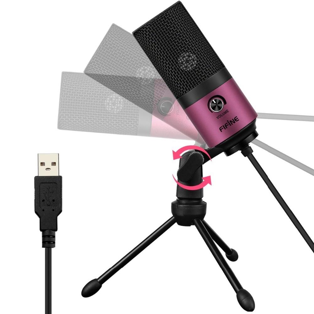 MIC Fifine Desktop Condenser Microphone in pink color, designed for YouTube videos and live broadcasts, featuring a compact tabletop design.