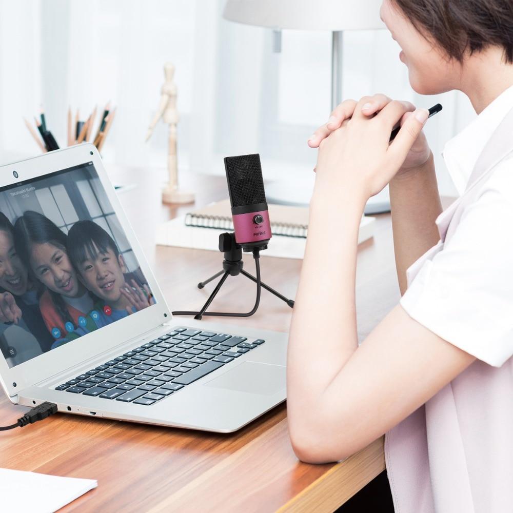 MIC Fifine Desktop Condenser Microphone in pink color, designed for YouTube videos and live broadcasts, featuring a compact tabletop design.