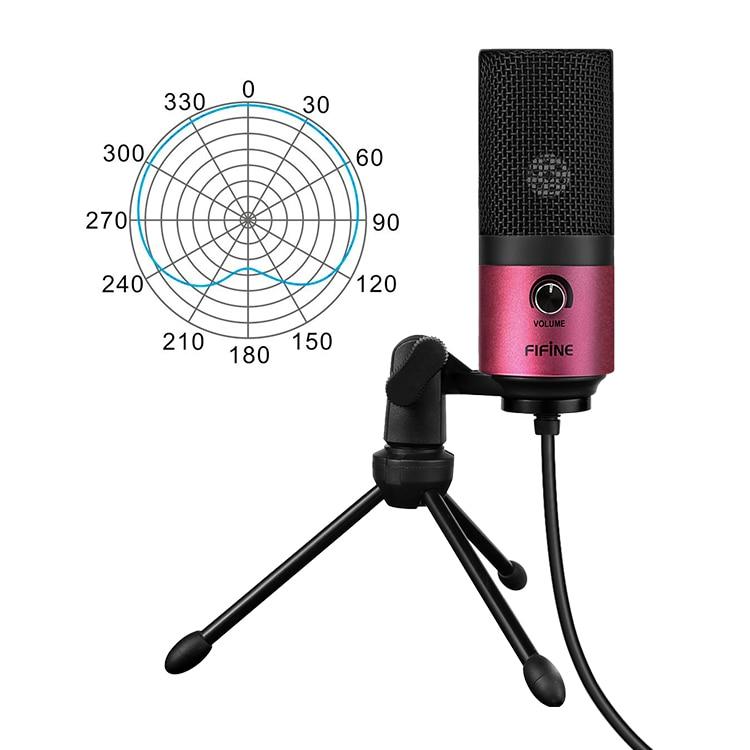 MIC Fifine Desktop Condenser Microphone in pink color, designed for YouTube videos and live broadcasts, featuring a compact tabletop design.