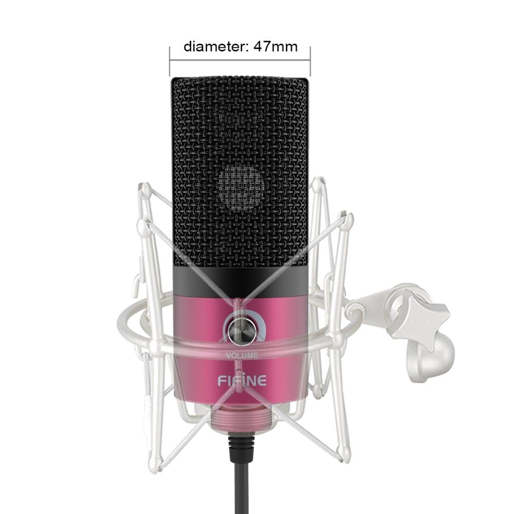 MIC Fifine Desktop Condenser Microphone in pink color, designed for YouTube videos and live broadcasts, featuring a compact tabletop design.