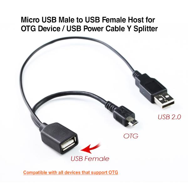 Micro USB Male to USB Female Host cable for OTG devices, showcasing connectors and cable design.
