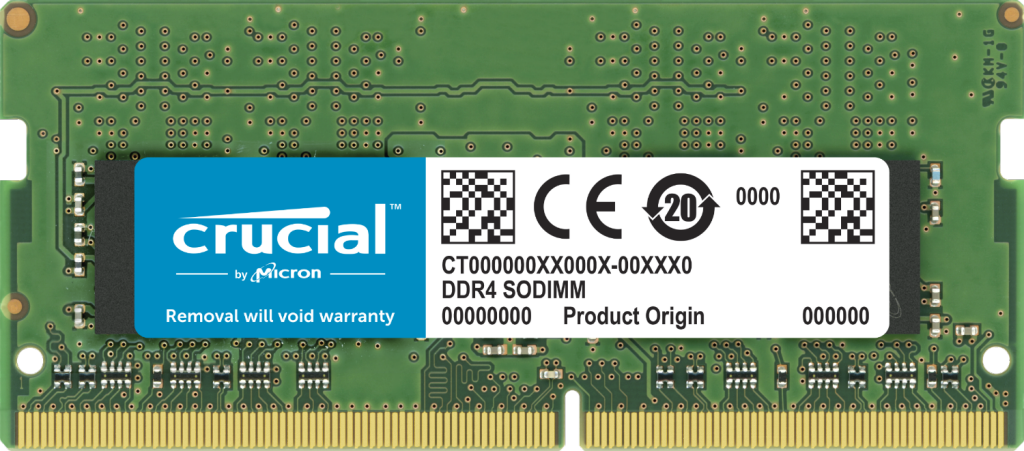 Crucial 32GB DDR4 SODIMM RAM module with specifications visible, showcasing its design and features.
