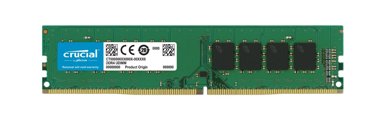 Crucial 32GB DDR4 UDIMM RAM module with specifications and features highlighted.