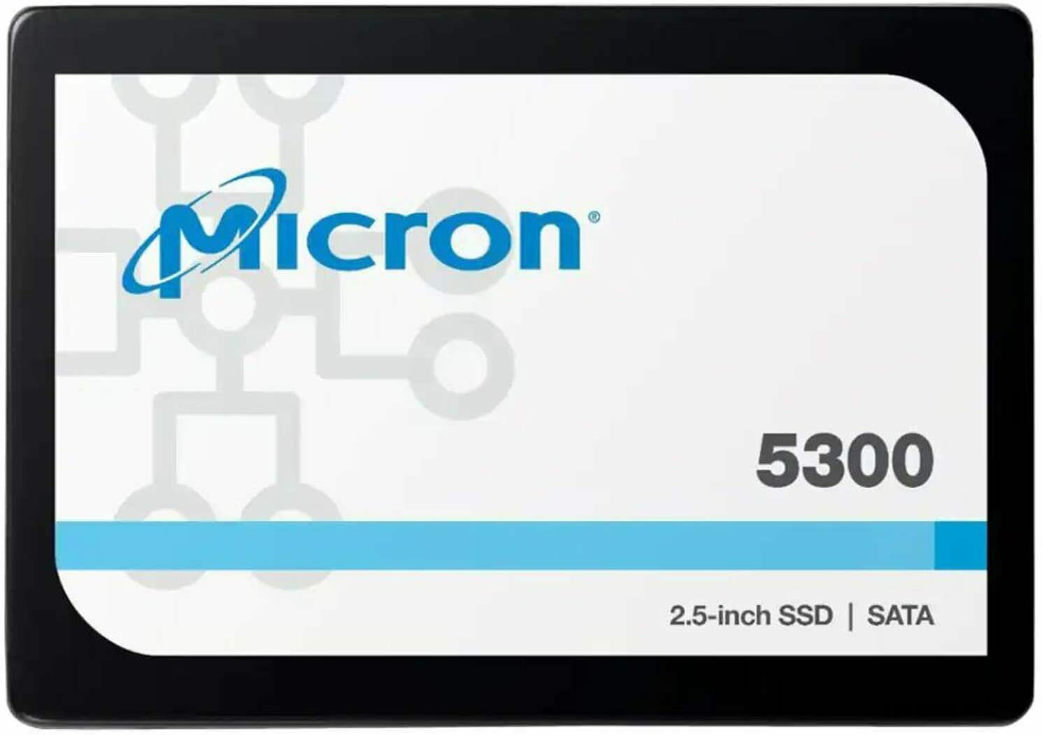 Micron 5300 PRO 1920GB SATA 2.5' SSD, showcasing its sleek design and compact size.