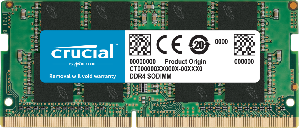 Crucial 8GB DDR4 SODIMM RAM module with specifications visible, designed for laptops.
