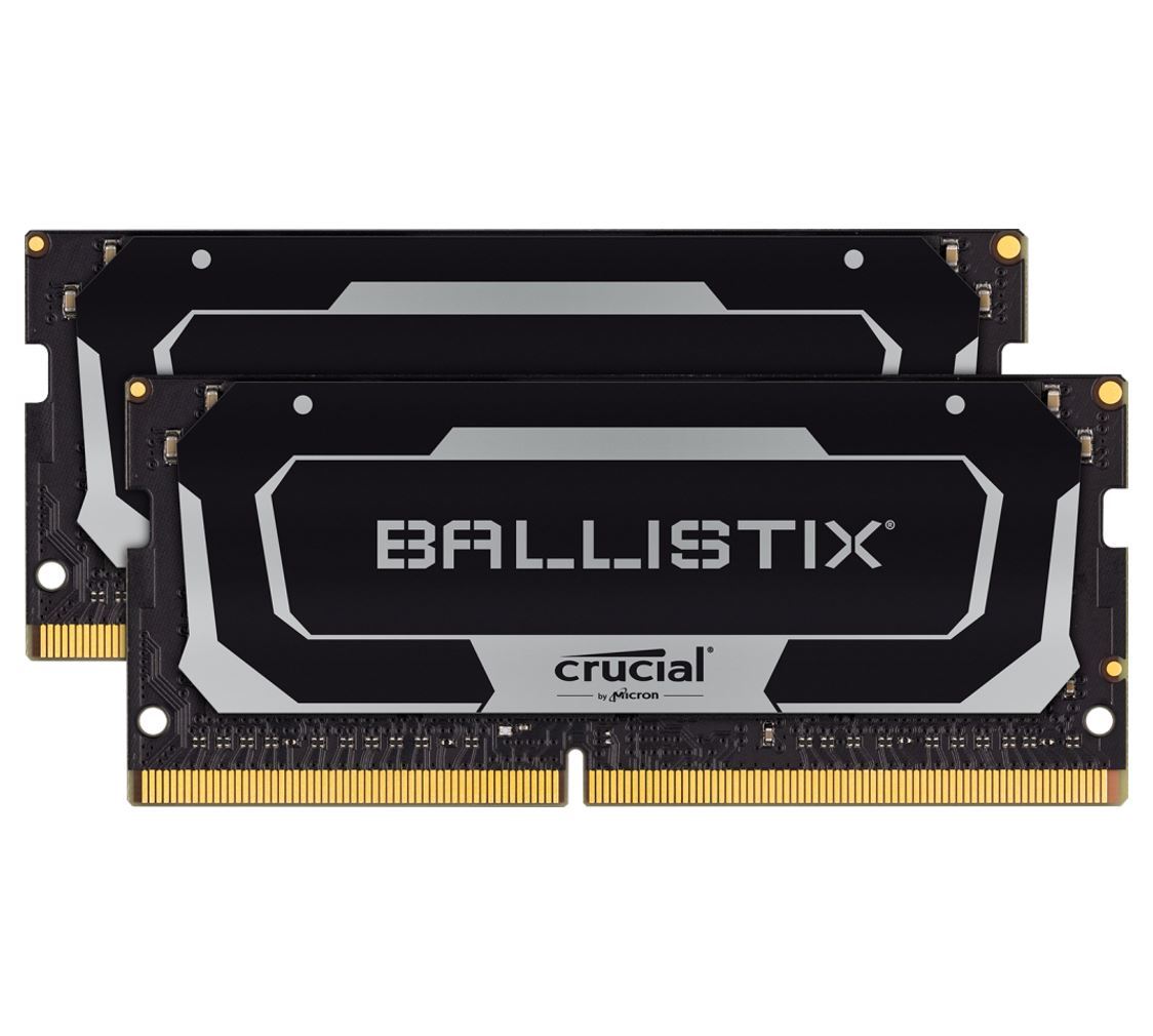 Crucial Ballistix 16GB DDR4 SODIMM memory modules in black with anodized aluminum heat spreaders.