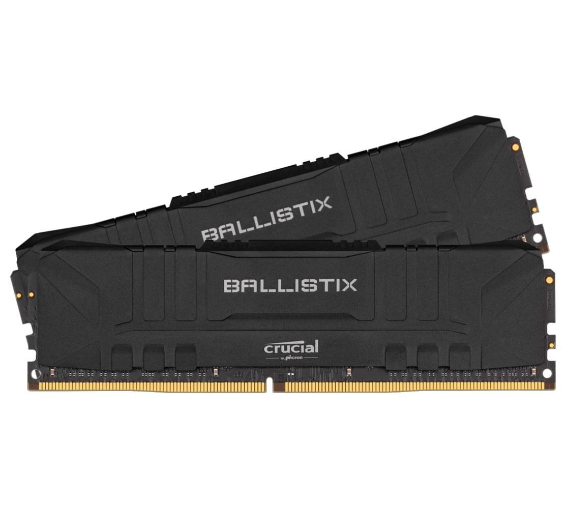 Crucial Ballistix 16GB DDR4 UDIMM memory kit with black anodized aluminum heat spreader.