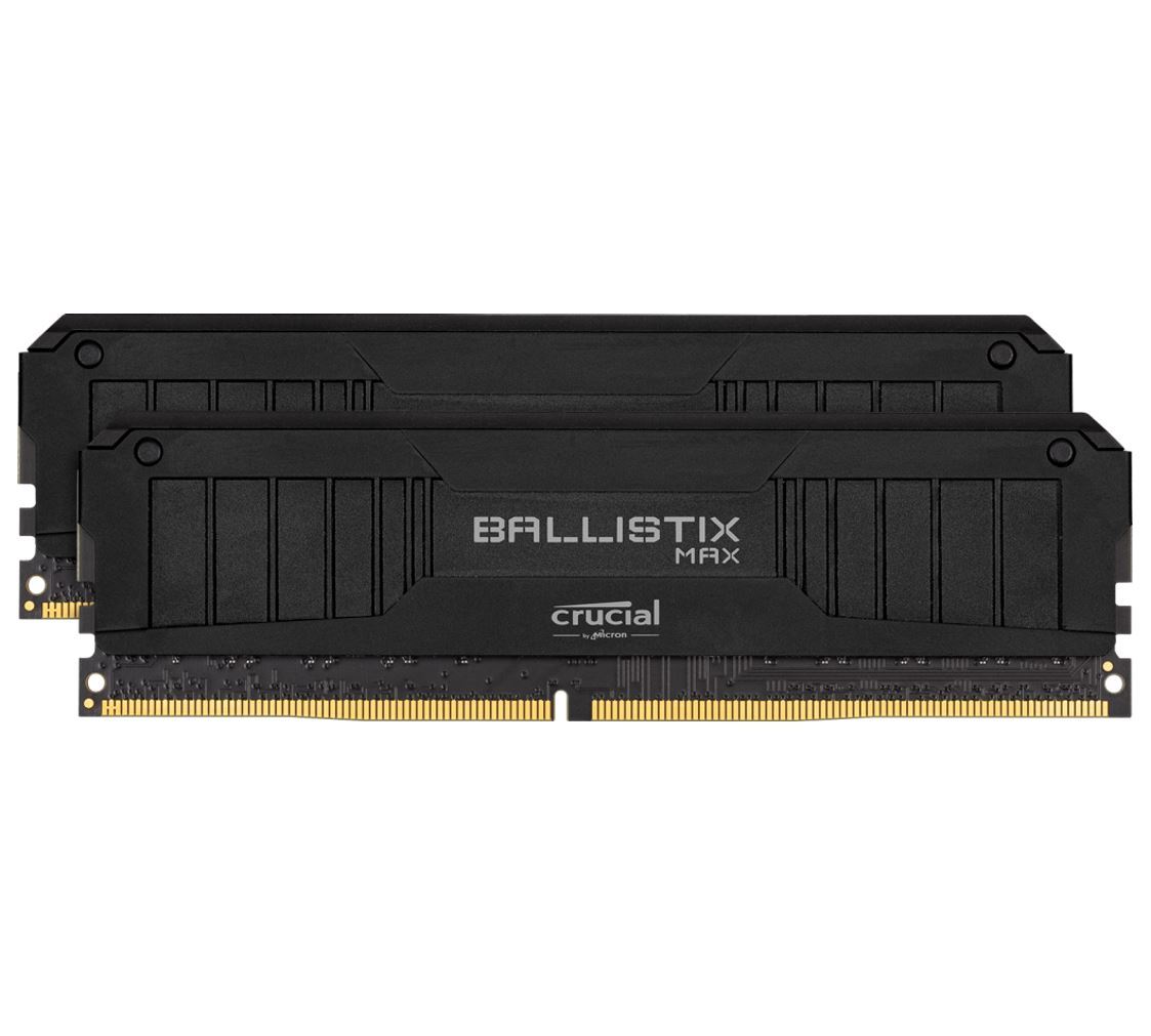 Crucial Ballistix MAX 32GB DDR4 UDIMM memory kit with black aluminum heat spreaders and customizable light bar.